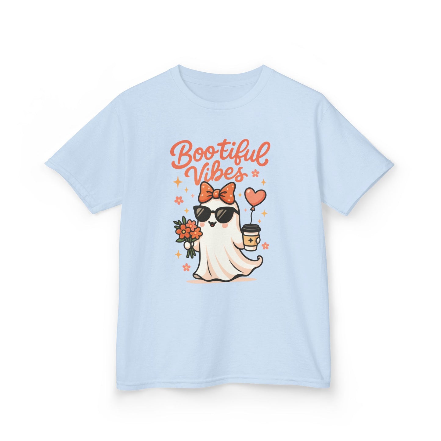 Girls Halloween Ghost T-Shirt, Cute Bootiful Vibes Tee for Kids, Fun Spooky Season Shirt, Tween Girl Outfit Gift, Kids Heavy Cotton™ Tee