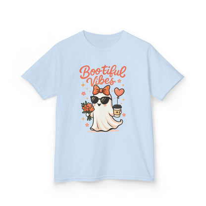 Girls Halloween Ghost T-Shirt, Cute Bootiful Vibes Tee for Kids, Fun Spooky Season Shirt, Tween Girl Outfit Gift, Kids Heavy Cotton™ Tee