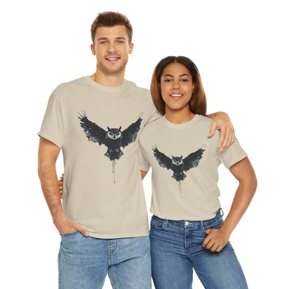 Cool Owl Graphic Unisex Heavy Cotton Tee, Flying Owl Ink Art T-Shirt, Nature Lover Gift, Animal Print Tee, Gothic Bird Graphic Tee