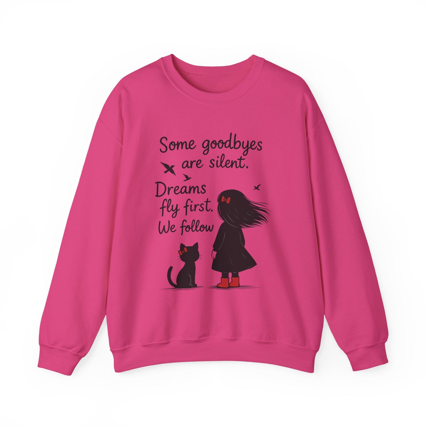 Cozy Farewell Girl & Cat Pullover, Hand Drawn Red Dress Art, Minimalist Womens Crewneck