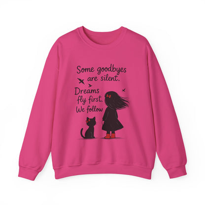 Cozy Farewell Girl & Cat Pullover, Hand Drawn Red Dress Art, Minimalist Womens Crewneck
