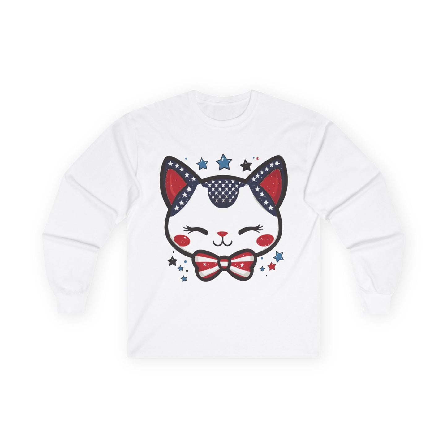 Cute Patriotic Cat Long Sleeve Tee, Unisex Cotton Shirt, Cat Lover Gift, 4th of July Tee, Fun Casual Wear, Holiday Apparel