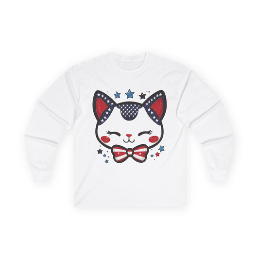 Cute Patriotic Cat Long Sleeve Tee, Unisex Cotton Shirt, Cat Lover Gift, 4th of July Tee, Fun Casual Wear, Holiday Apparel