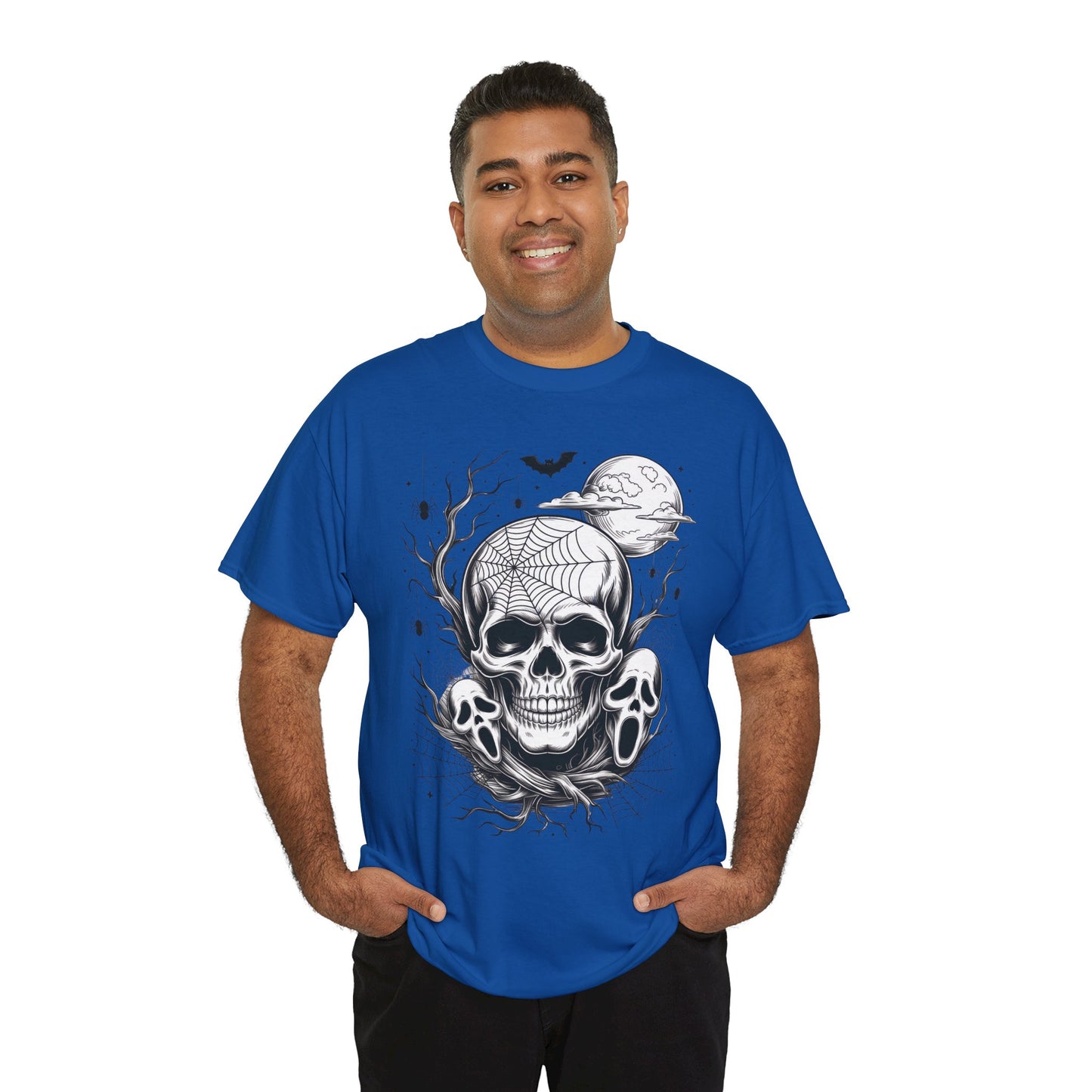 Men's Gothic Skull T-Shirt, Halloween Graphic Tee, Spider Web & Moon Horror Shirt, Spooky Skull Graphic Top for Him