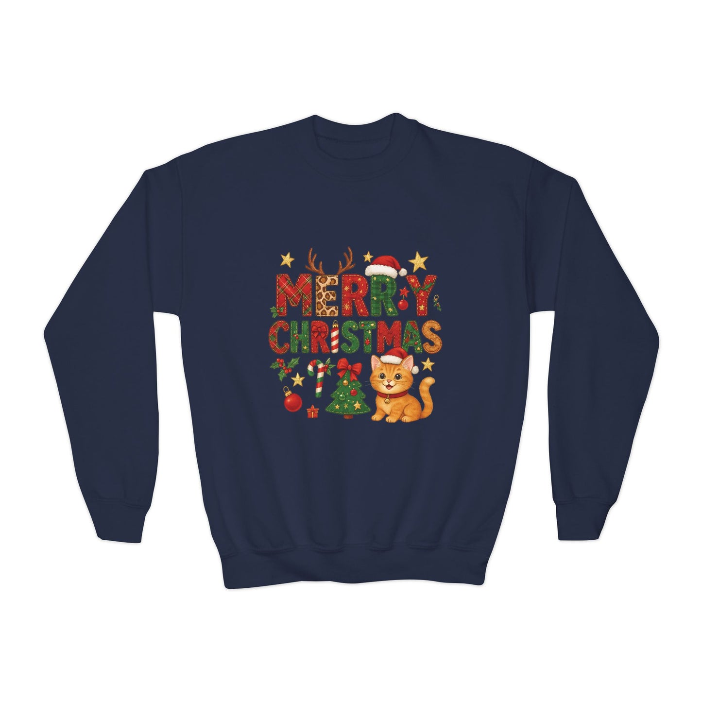 Merry Christmas Cat Sweatshirt for Girls, Cozy Holiday Kitten Jumper, Youth Crewneck Sweatshirt
