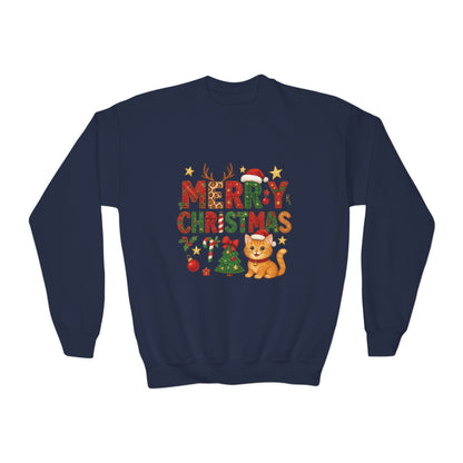 Merry Christmas Cat Sweatshirt for Girls, Cozy Holiday Kitten Jumper, Youth Crewneck Sweatshirt