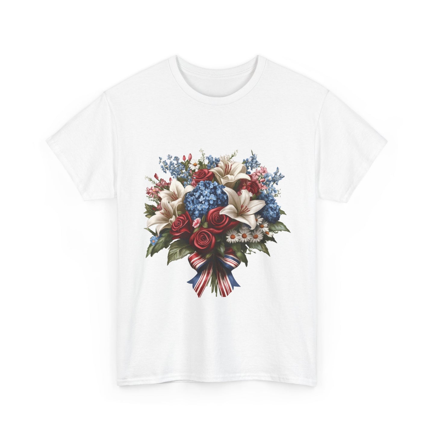Patriotic Floral Bouquet T-Shirt, Red White Blue Flower Graphic Tee, USA Pride Shirt, Unisex Heavy Cotton Tee
