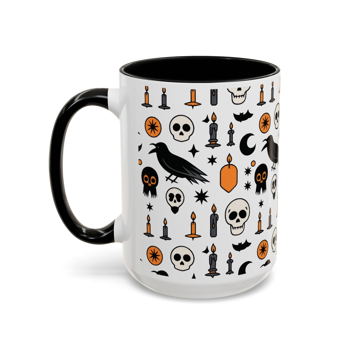 Gothic Halloween Mug, Skull, Candle - Raven Pattern Coffee Cup, Dark Aesthetic Spooky Gift for Her or Him, Accent Coffee Mug (11, 15oz)