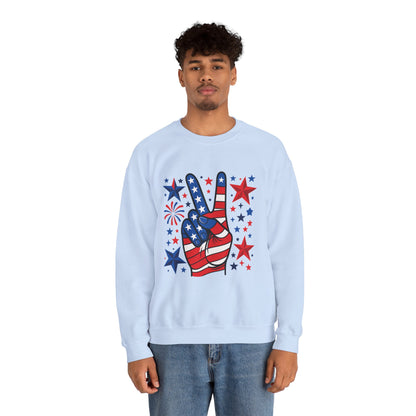 Patriotic Peace Crewneck Sweatshirt - Unisex Heavy Blend, 4th of July Clothing, Peace Sign Design, Casual Wear, Gift for Him/Her