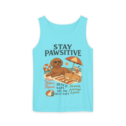 Stay Pawsitive Womens Tank, Cute Dog & Cat Beach Tee, Summer Pet Lover Tee, Animal Graphic Heavy Cotton Tee, Fun Pet Lovers Gift, Summer Top
