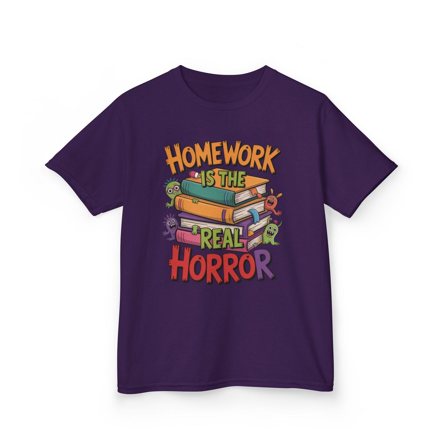 Kids Funny Homework Tee, Cute Monster School Shirt, Homework Is the Real Horror, Back to School Gift for Boys & Girls, Kids Halloween Tee