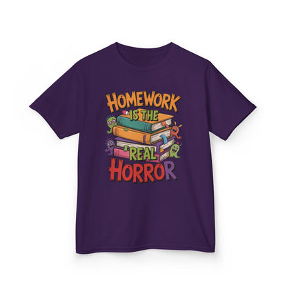 Kids Funny Homework Tee, Cute Monster School Shirt, Homework Is the Real Horror, Back to School Gift for Boys & Girls, Kids Halloween Tee