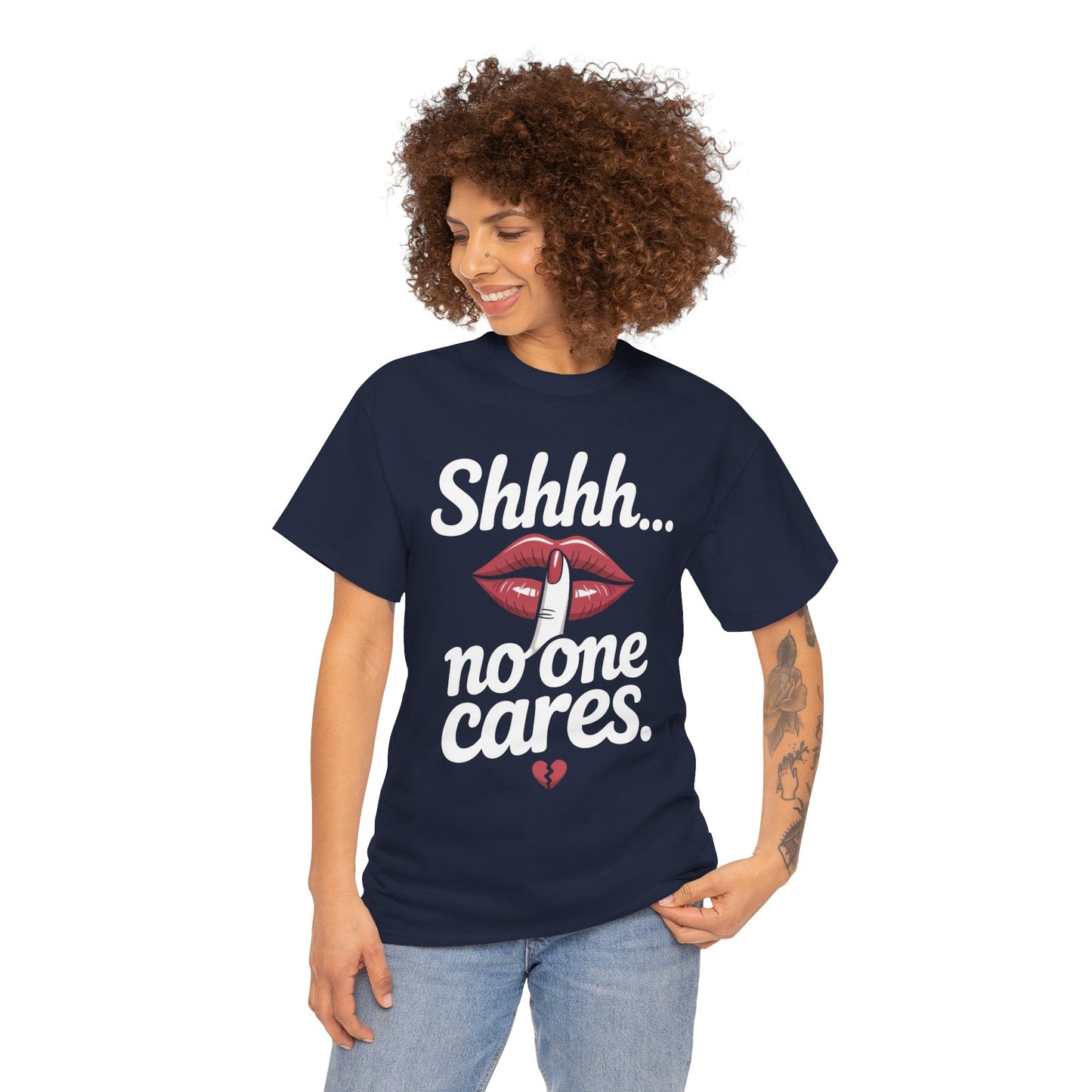 Shhh No One Cares Shirt, Sassy Funny Graphic Tee for Women, Sarcastic Lips Tank Top, Bold Attitude T-Shirt, Tee with Bold Statement Design