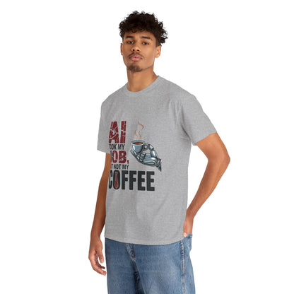 Men's AI Coffee T-Shirt, Funny Robot Humor Graphic Tee, Geek Job Joke Shirt for Him, Men's Heavy Cotton Tee, Sarcastic Work Shirt