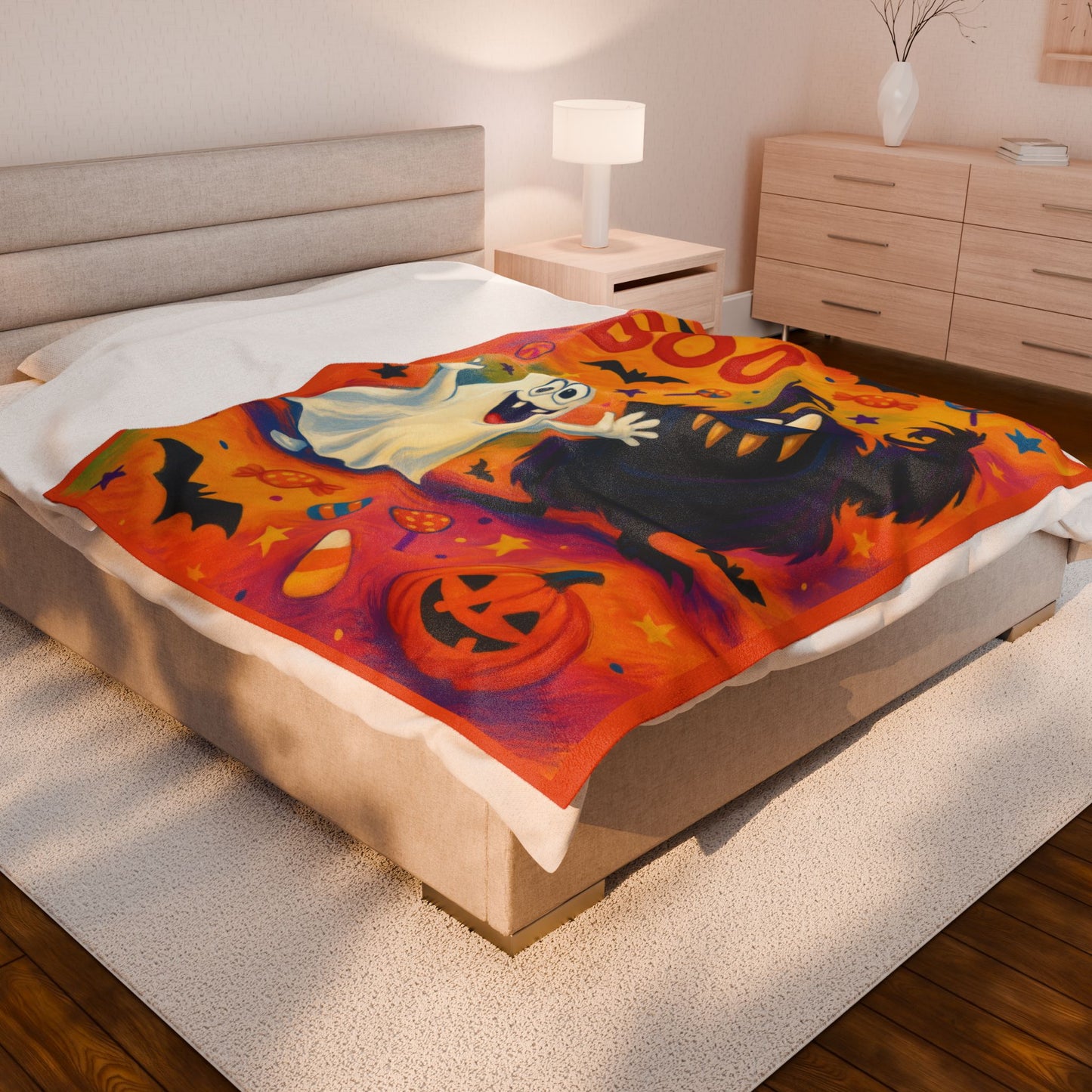 Cute Ghost and Monster Halloween Velveteen Plush Blanket, Fun Kids Throw, Spooky Cute Boo Design, Cozy Fall Blanket Gift