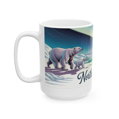 Northern Serenity Polar Bear Mug, Arctic Aurora Coffee Cup, Winter Wildlife Gift, Cute Animal Nature Lover Mug, Holiday Present