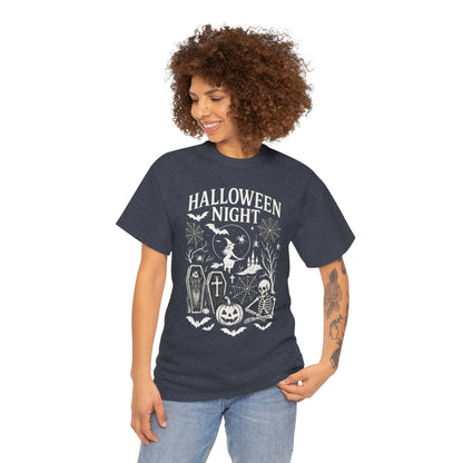 Halloween Night Women's T-Shirt, Gothic Witch Skeleton Pumpkin Tee, Spooky Scary Shirt for Halloween Party