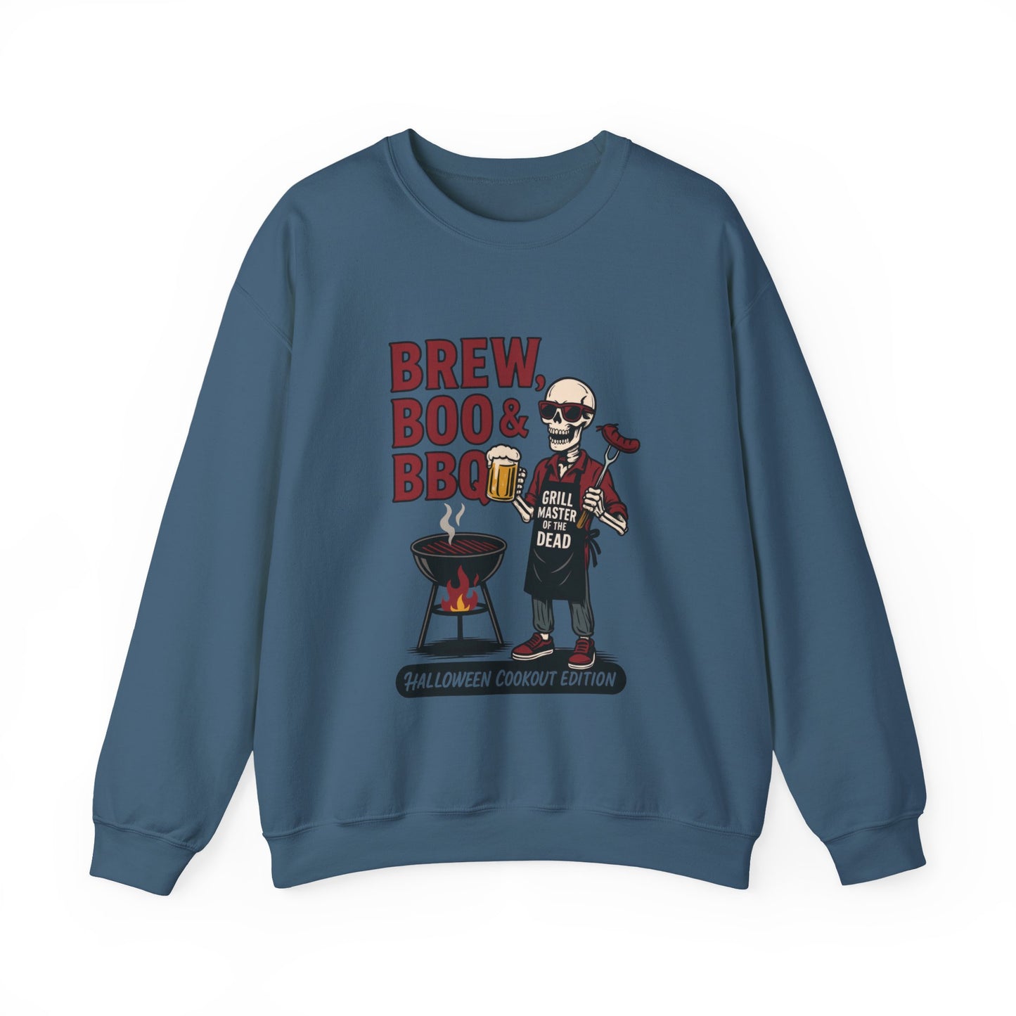Halloween BBQ Men's Sweatshirt, Brew Boo & BBQ Skeleton Grill Master, Spooky Dad Gift, Skeleton Dad Sweat, Grill Master Crew