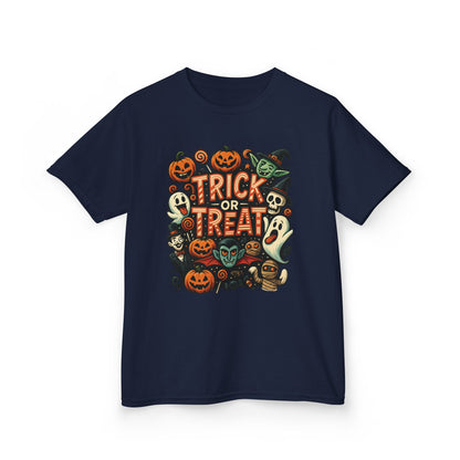 Kids Trick or Treat T-Shirt, Halloween Graphic Tee with Pumpkins, Ghosts & Vampires, Fun Spooky Shirt for Children