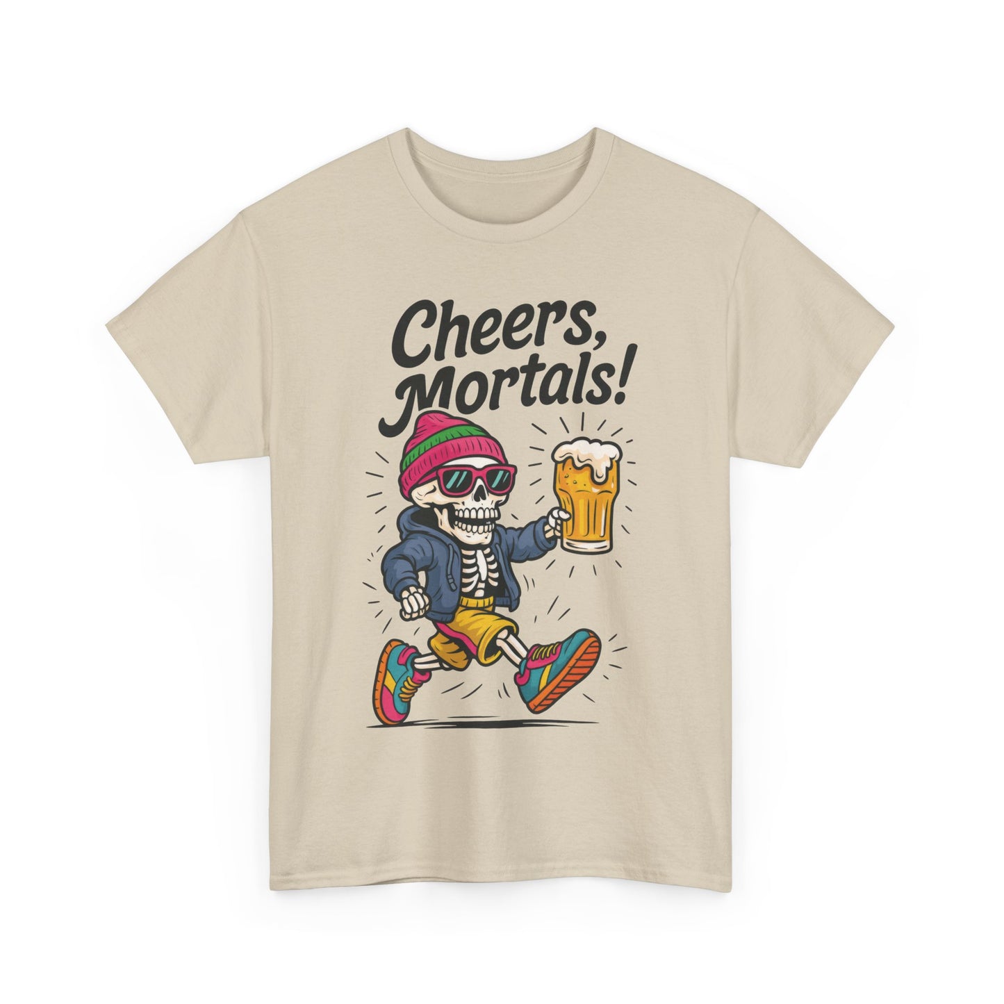 Cheers, Mortals! Mens Tee, Funny Skeleton Beer Graphic Tee, Cool Drinking Humor Shirt, Party Gift for Him, Halloween Tee,  Beer Lovers Gift