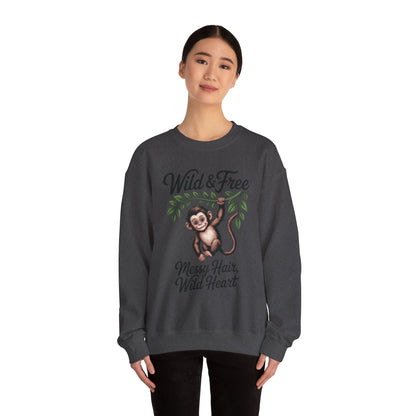 Wild & Free Monkey Sweatshirt, Messy Hair Wild Heart Womens Pullover, Cute Jungle Animal Sweater, Boho Adventure Graphic, Nature Lover Gift