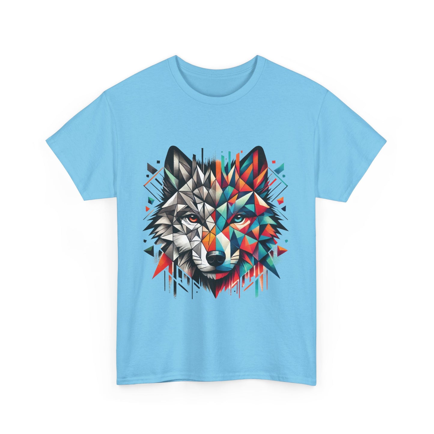 Geometric Wolf Tee, Heavy Cotton T-Shirt, Wildlife Lover Apparel, Unique Nature Wear, Artistic Wolf Design Tee