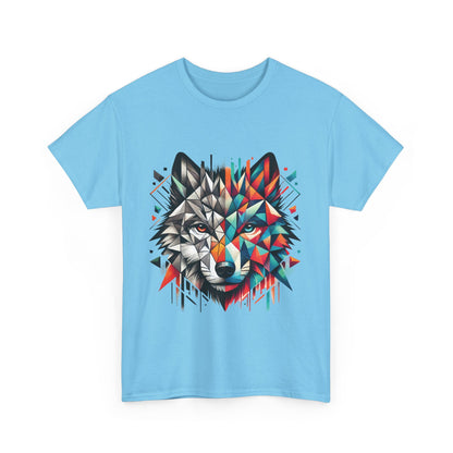 Geometric Wolf Tee, Heavy Cotton T-Shirt, Wildlife Lover Apparel, Unique Nature Wear, Artistic Wolf Design Tee