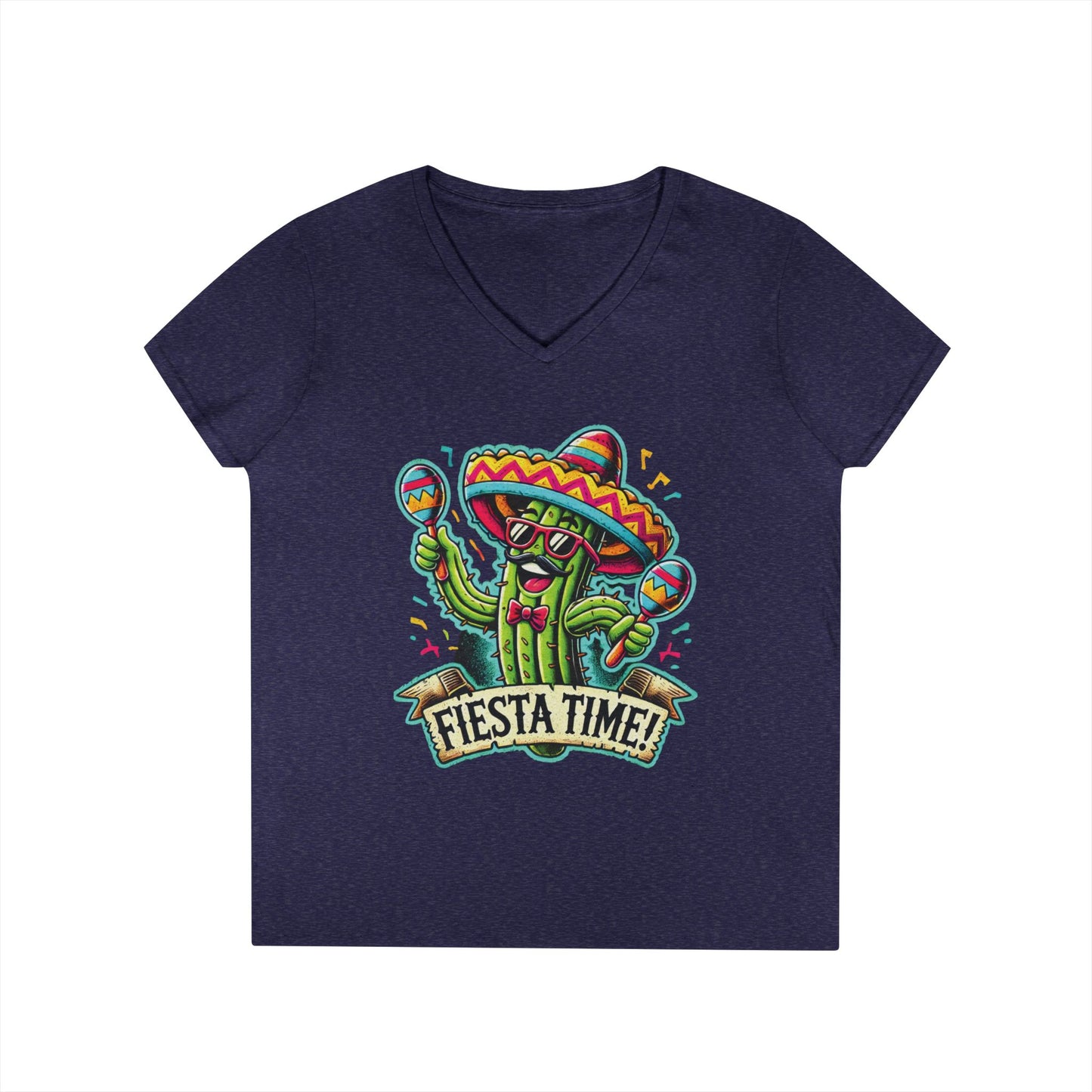 Fiesta Time Cactus Ladies' V-Neck T-Shirt, Funny Sombrero Mexican Party Tee, Cinco de Mayo Gift Idea, Fun Summer Tee, Party Wear