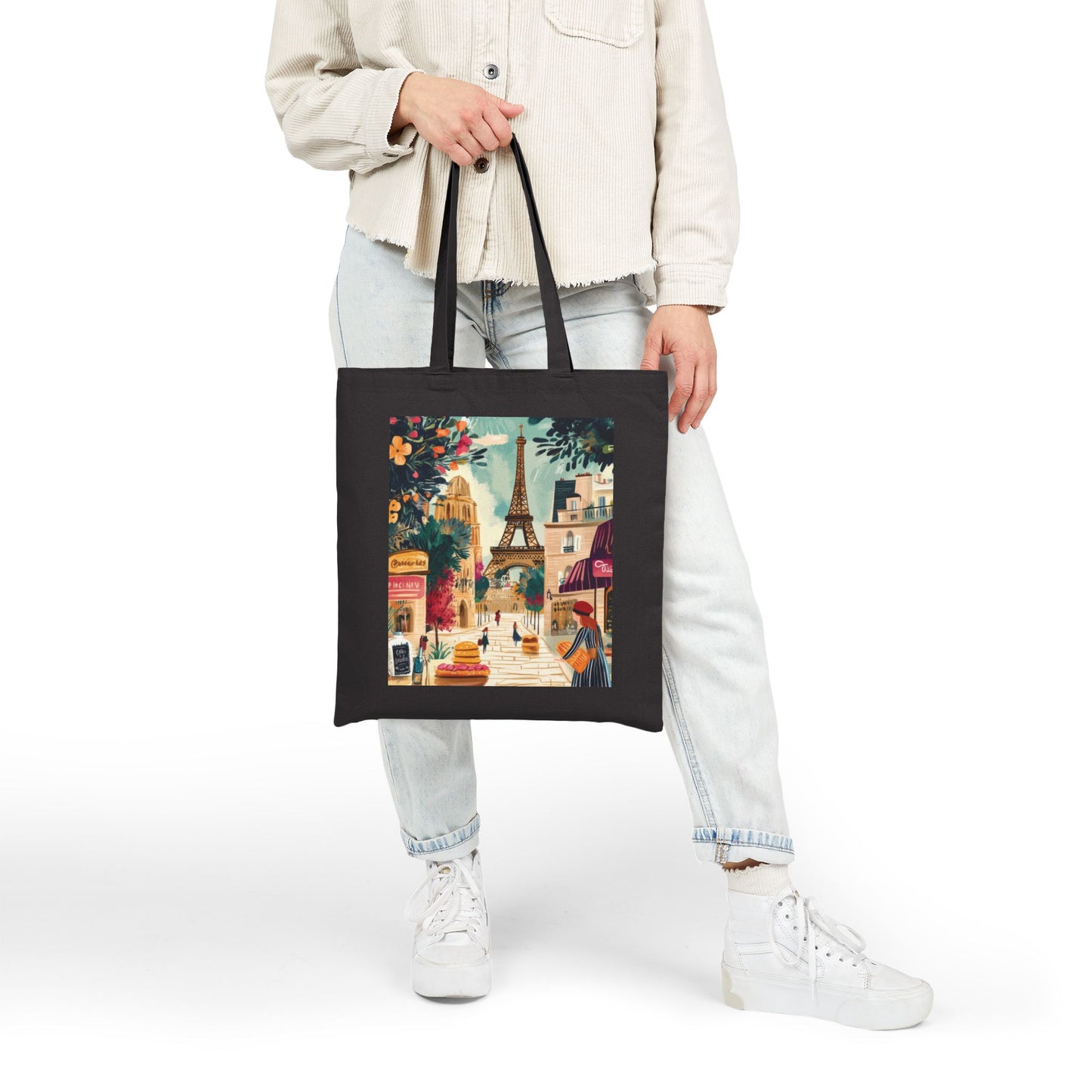 Parisian Scene Cotton Canvas Tote Bag, Eco-Friendly Shopping Tote, Travel Bag, Gift for Her, Fashionable Carryall