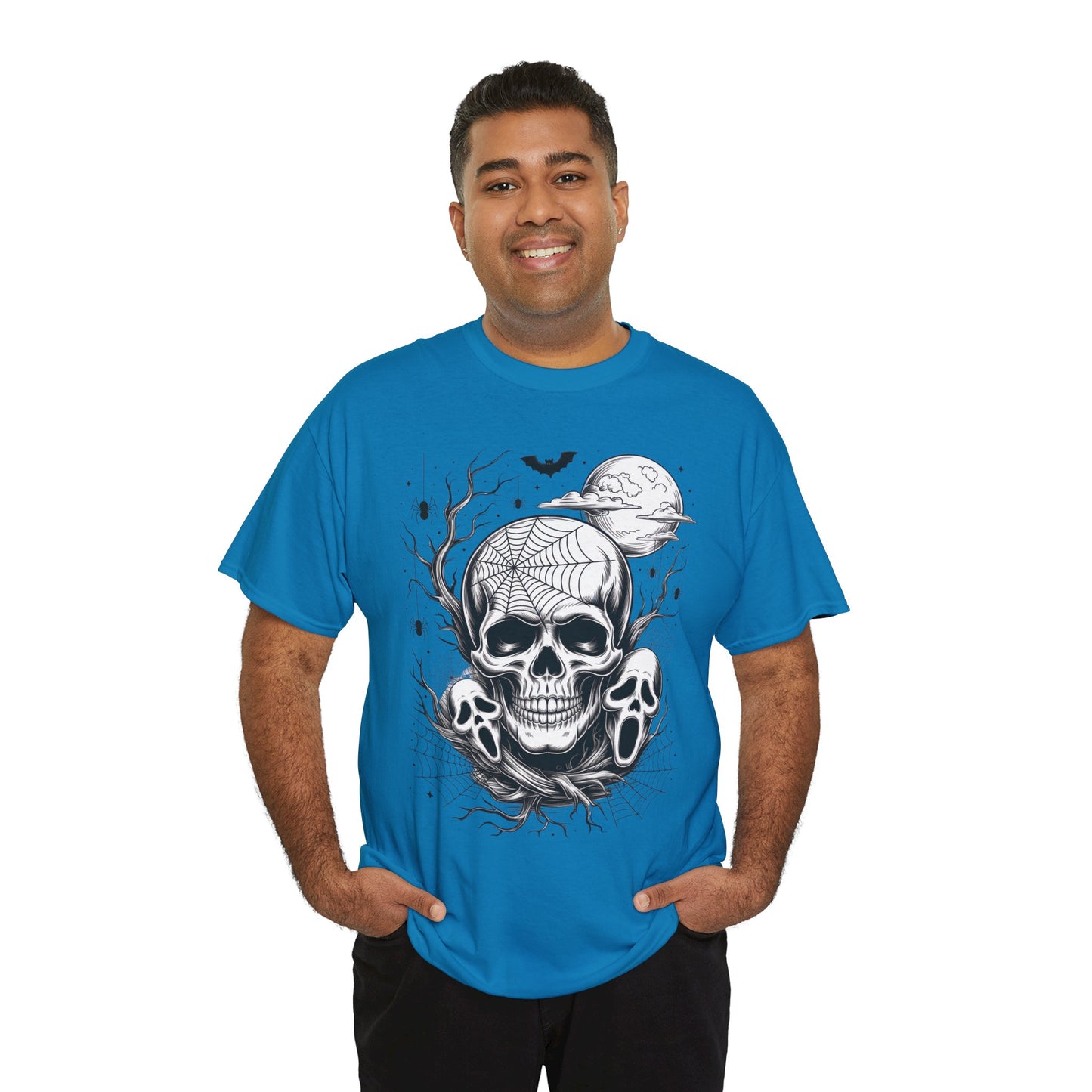 Men's Gothic Skull T-Shirt, Halloween Graphic Tee, Spider Web & Moon Horror Shirt, Spooky Skull Graphic Top for Him