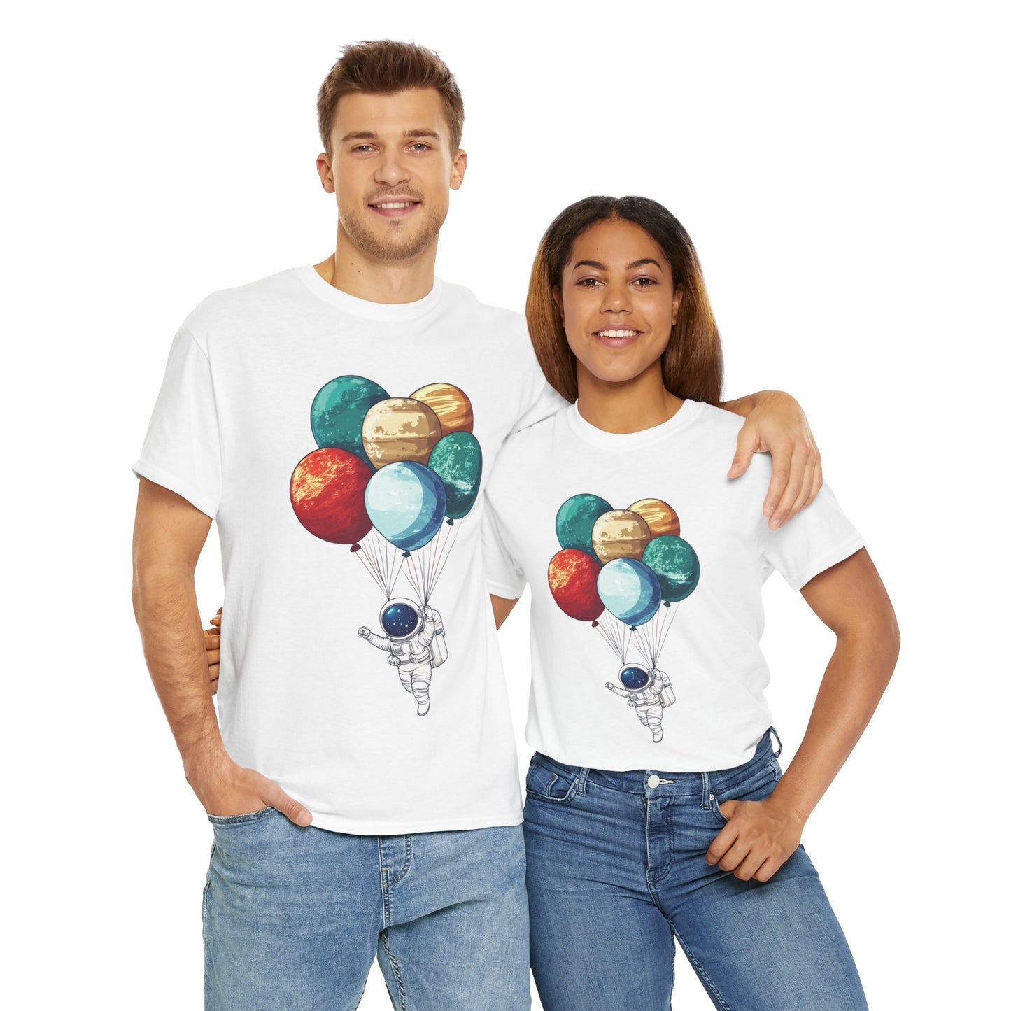 Astronaut with Planet Balloons T-Shirt, Space Lover Unisex Tee, Outer Space Graphic Shirt, Space Theme Shirt, Cosmic Adventure Top
