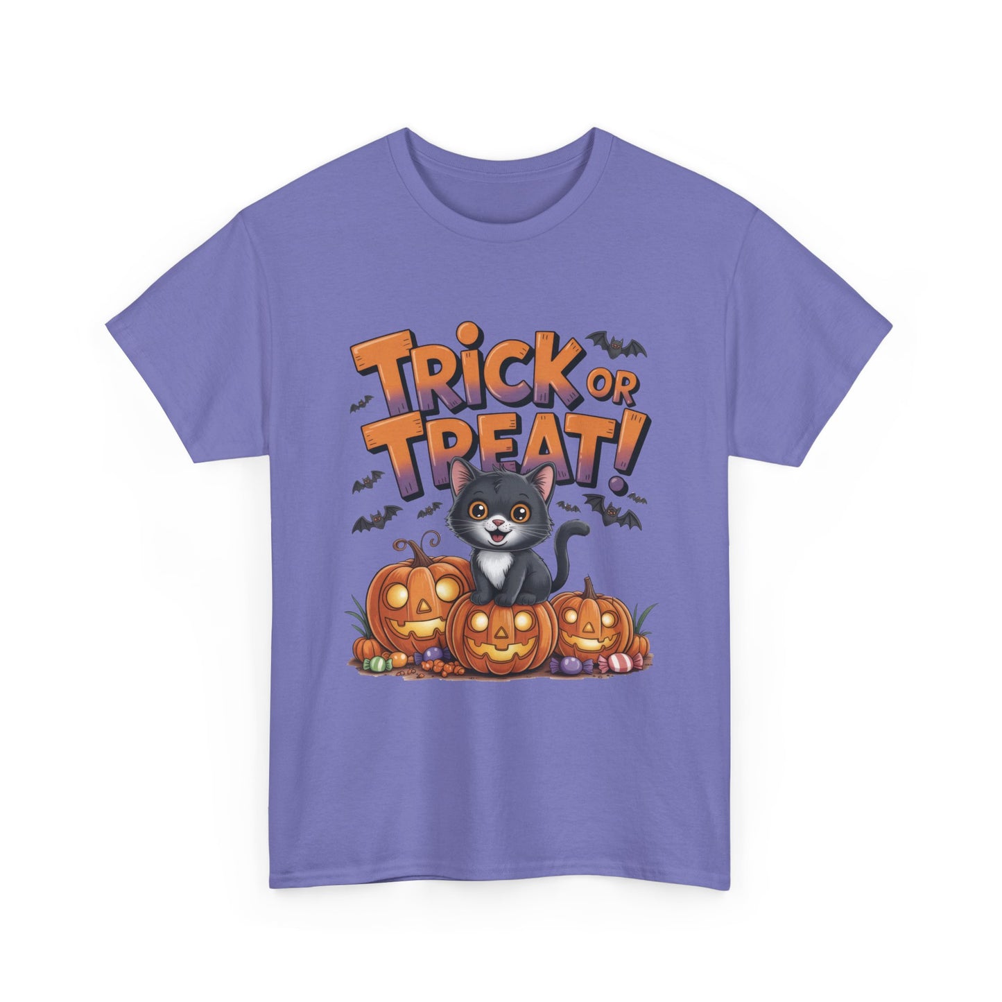 Cute Black Cat Trick or Treat Halloween T-Shirt for Women, Funny Pumpkin Cat Tee, Spooky Fall Shirt, Matching Family Halloween Shirts
