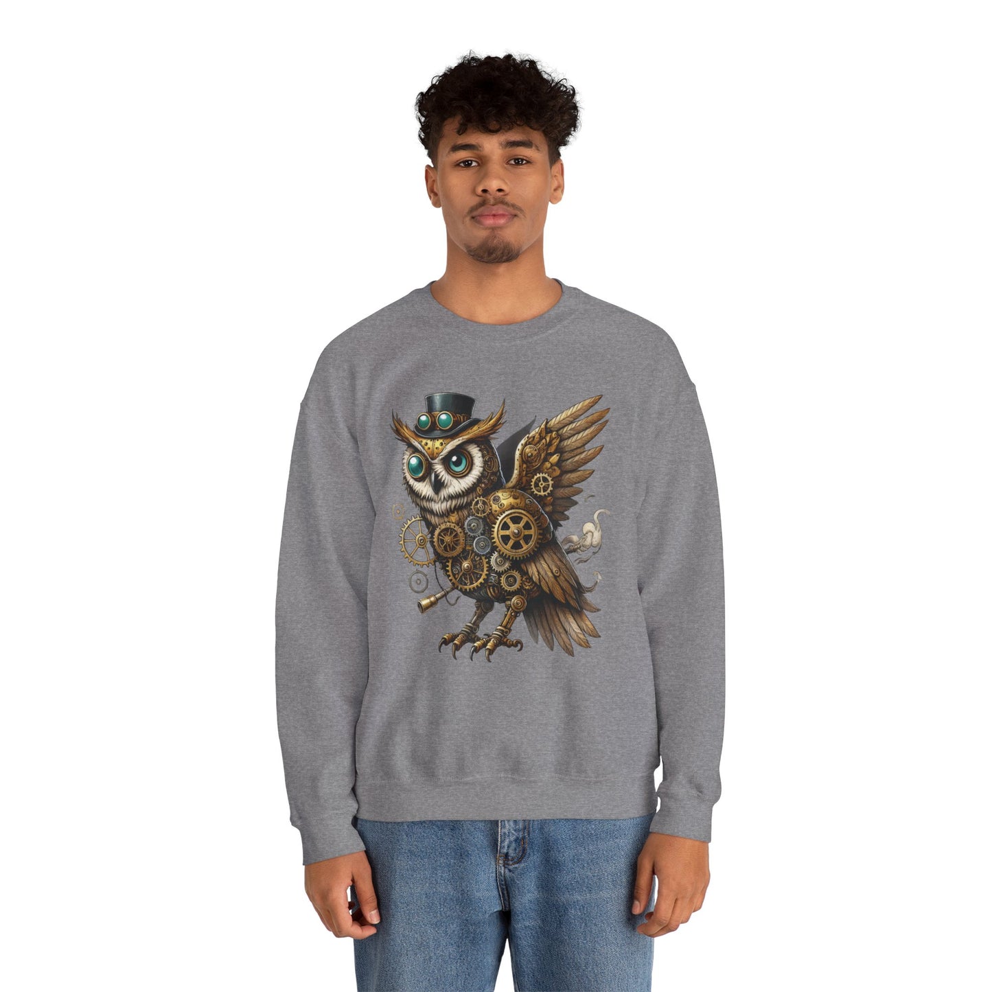 Steampunk Owl Unisex Crewneck Sweatshirt, Vintage Mechanical Gears Fantasy Bird Graphic Pullover, Gift for Owl Lovers