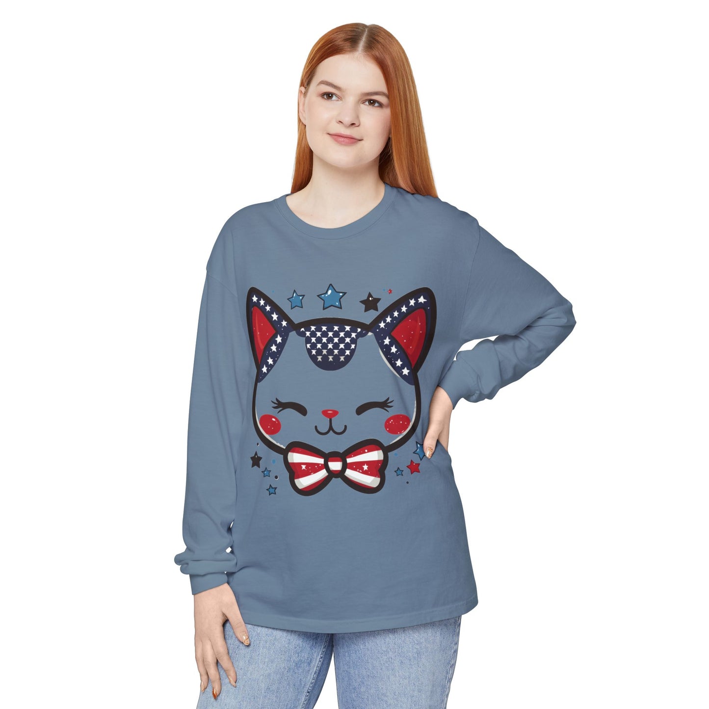 Cute Patriotic Cat Long Sleeve Women's T-Shirt, Fourth of July, Cat Lovers Gift, Casual Wear, Perfect for Holidays and Celebrations