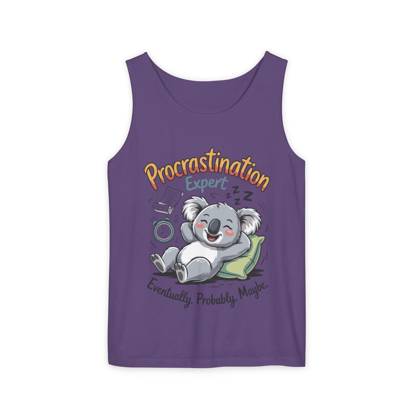 Procrastination Expert Womens Tank Top, Funny Gift for Lazy Days, Relaxed Fit Tee, Casual Summer Wear, Koala Graphic Top, Motivational Apparel
