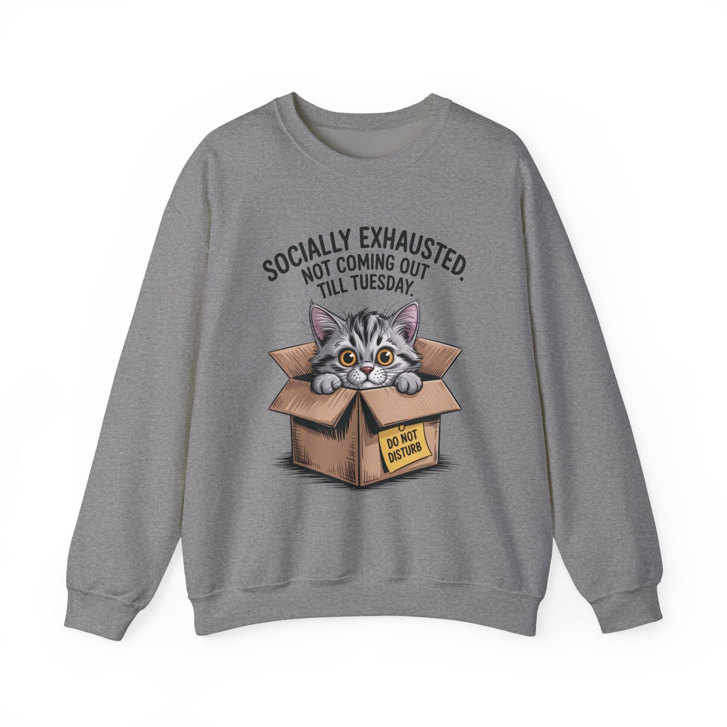 Socially Exhausted Cat Sweatshirt, Funny Cat Crewneck, Gift for Cat Lovers, Cozy Unisex Pullover, Weekend Comfort Apparel