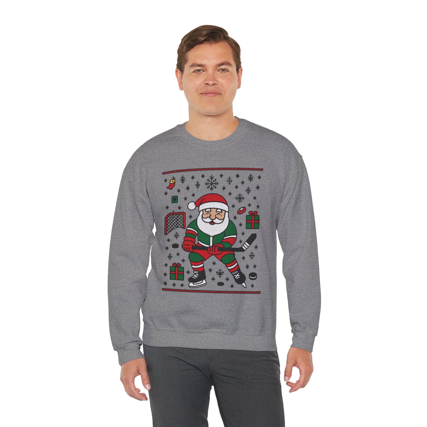 Hockey Santa Men's Christmas Sweatshirt, Funny Sports Holiday Jumper
