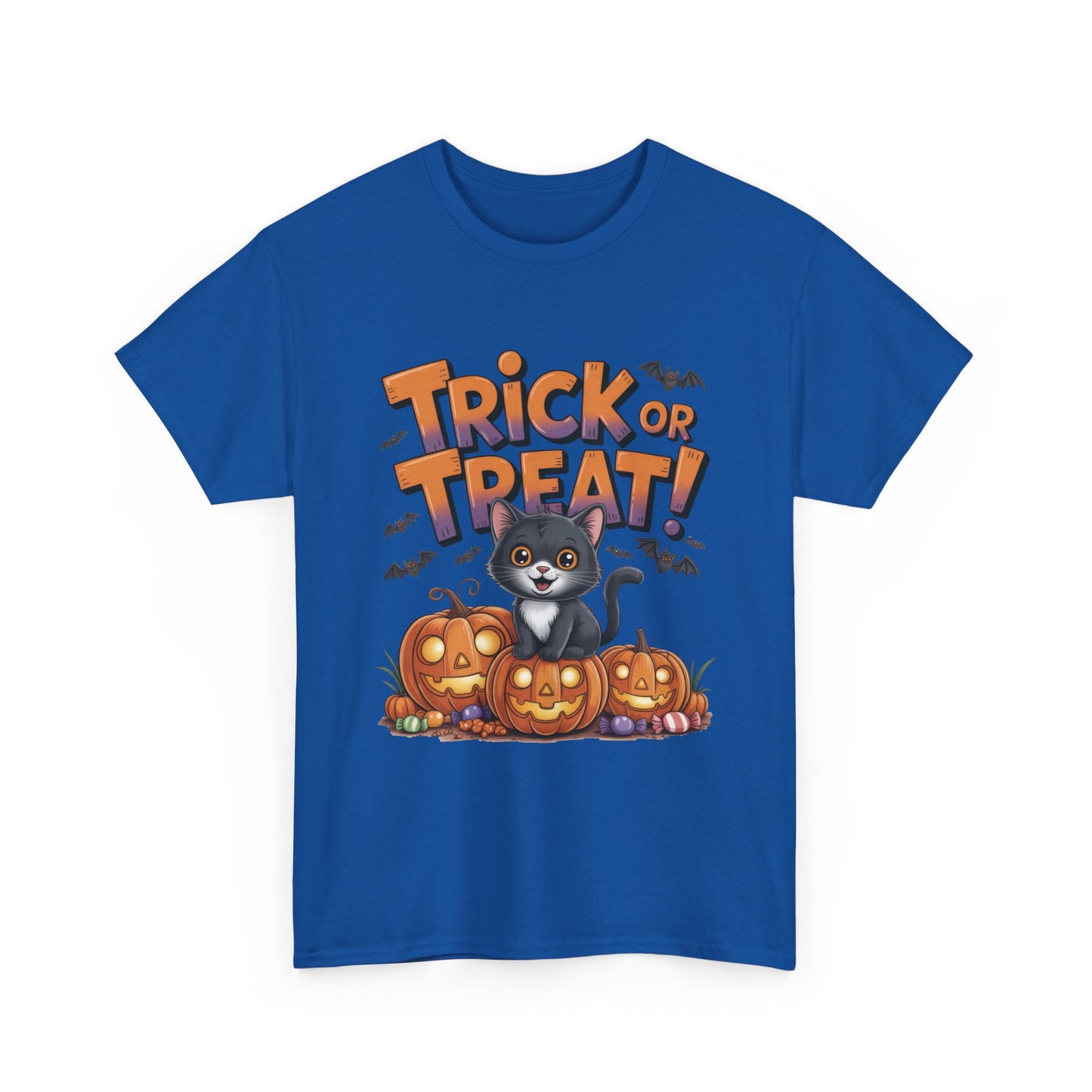 Cute Black Cat Trick or Treat Halloween T-Shirt for Women, Funny Pumpkin Cat Tee, Spooky Fall Shirt, Matching Family Halloween Shirts