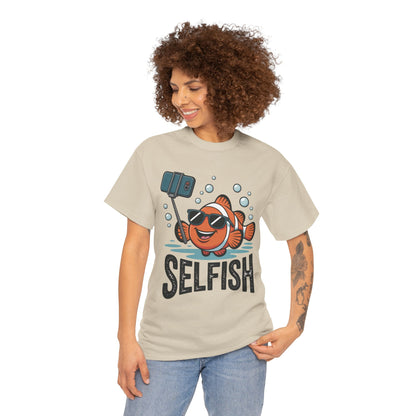 Unisex Heavy Cotton Tee, Mens Selfish Funny Fish T-Shirt, Cute Selfie Graphic Tee, Ocean Humor Shirt