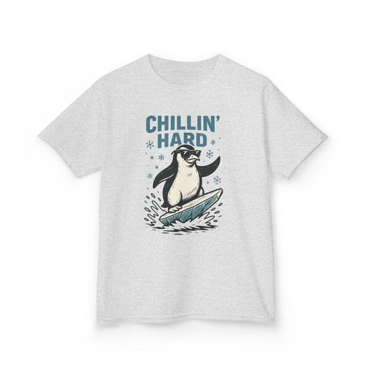 Kids Heavy Cotton™ Tee, Kids Chillin Hard Penguin T-Shirt, Funny Cool Animal Graphic Tee for Children