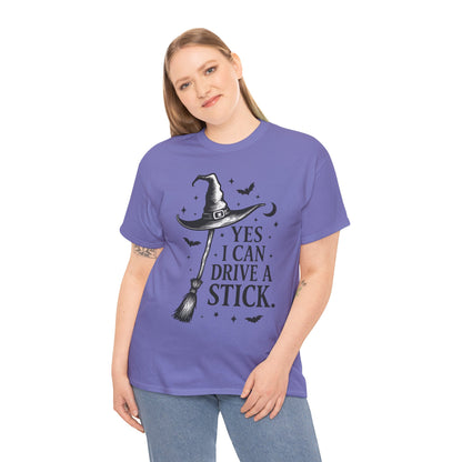 Yes I Can Drive a Stick Witch Hat Broom Halloween Women's T-Shirt, Funny Spooky Graphic Tee, Witch Shirt,