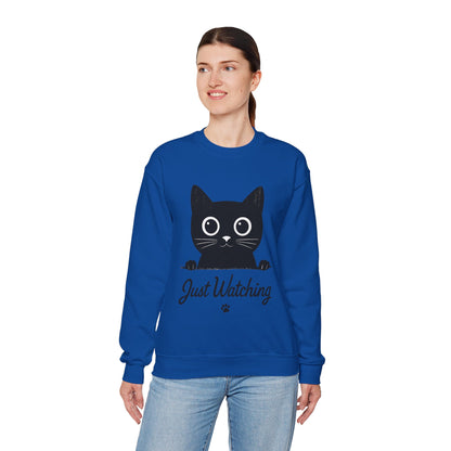 Funny Black Cat Womens Crewneck Sweatshirt - Just Watching Minimalist Kitty Pullover - Cozy Cat Lover Gift, Pet Owner Apparel