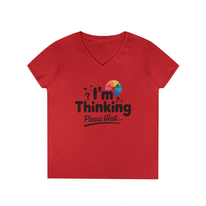 Funny - Im Thinking Please Wait - V-Neck T-Shirt for Women, Cute Geeky Gift for Introverts, Programmers, Designers, Fun Humor Shirt