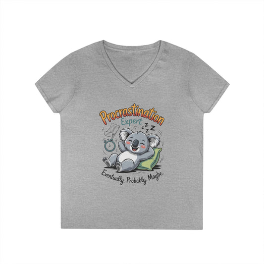 Procrastination Expert Ladies' V-Neck T-Shirt, Fun Tee for Lazy Days, Gift for Students, Casual Wear, Motivational Shirt, Cute Koala Design