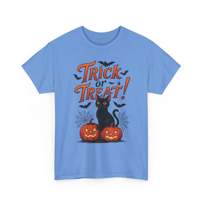 Trick or Treat Black Cat Halloween T-Shirt for Women, Spooky Cute Pumpkin Cat Tee, Fall Halloween Outfit Gift, Vintage Witchy Top