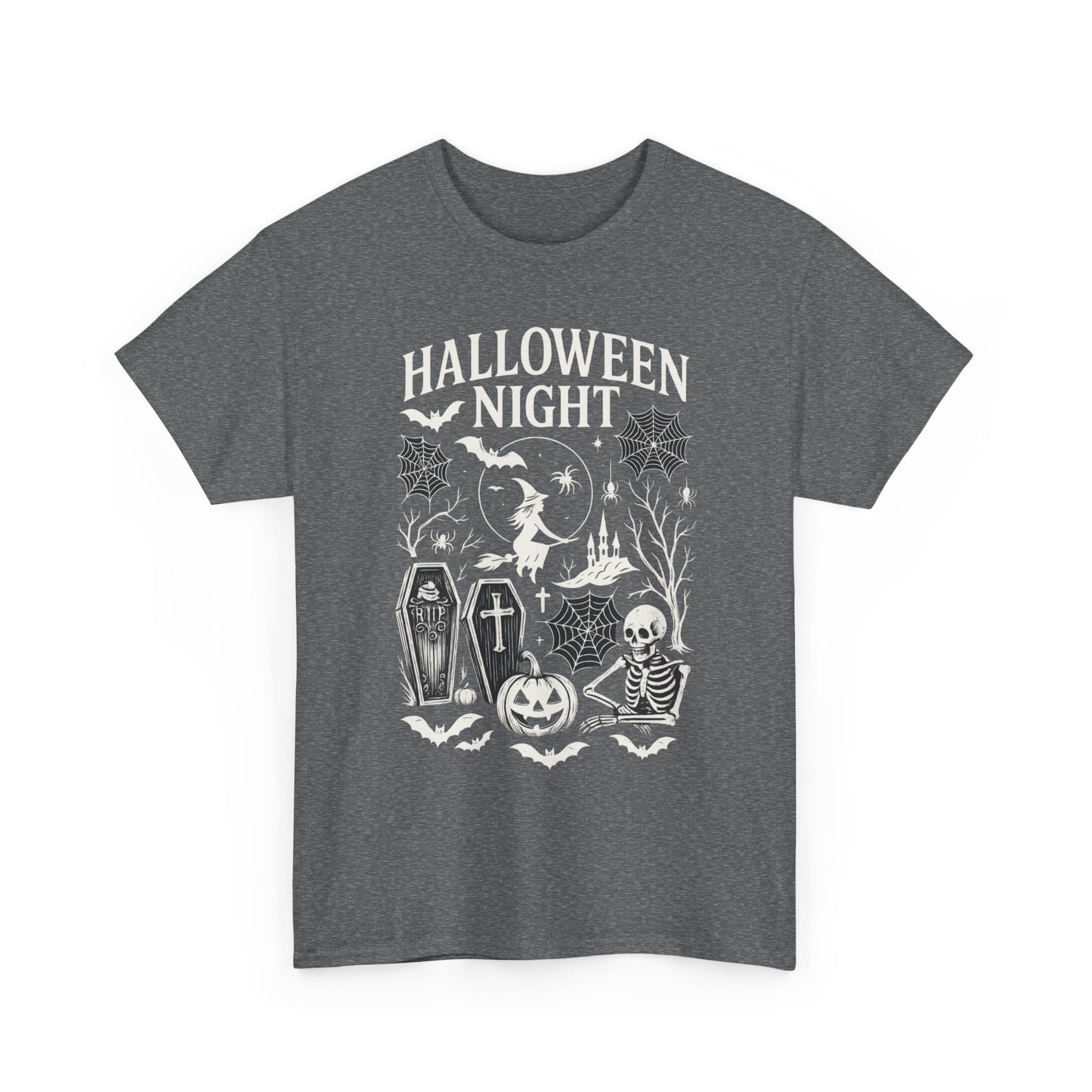 Halloween Night Women's T-Shirt, Gothic Witch Skeleton Pumpkin Tee, Spooky Scary Shirt for Halloween Party