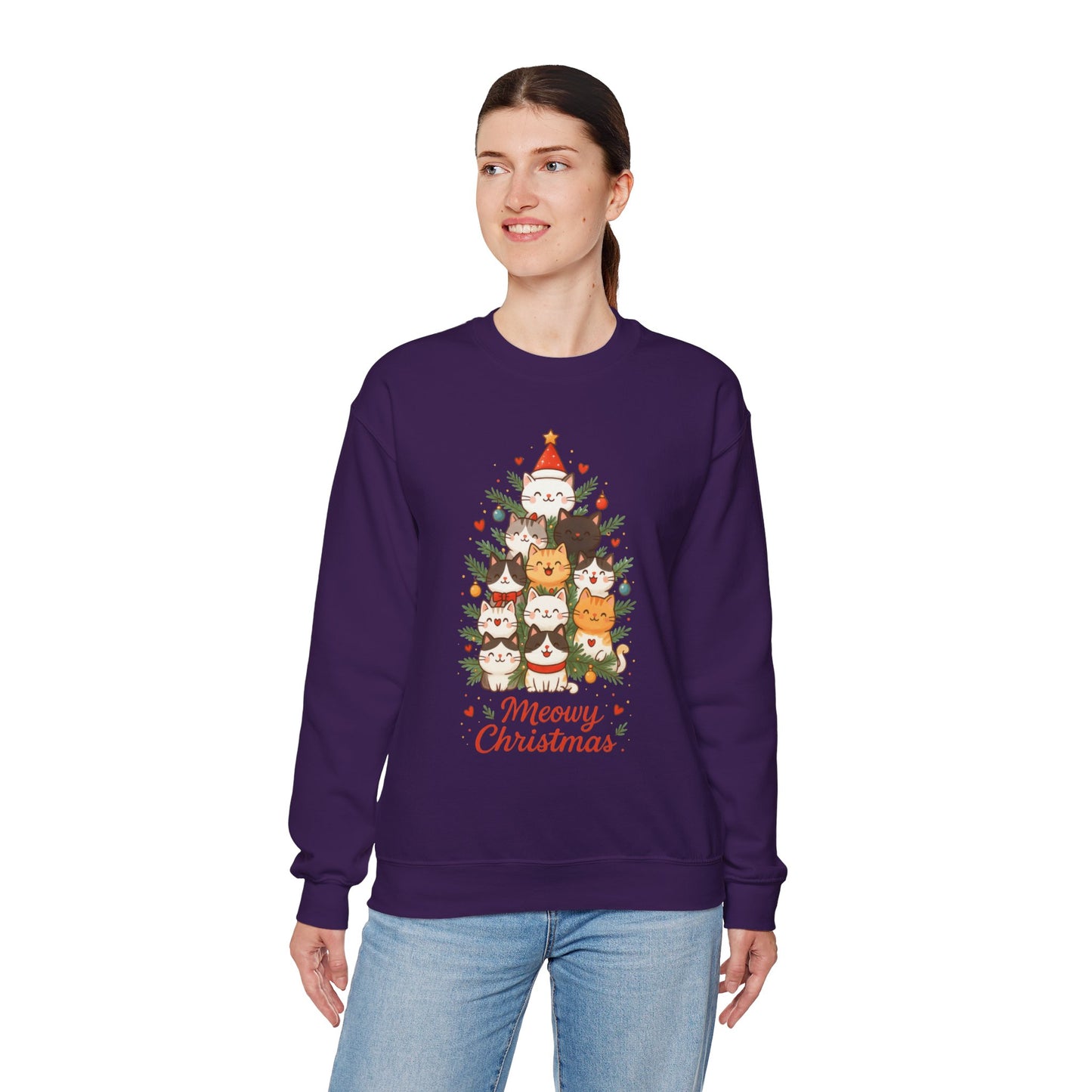 Women's Meowy Christmas Cat Sweatshirt, Cute Holiday Kitty Pullover