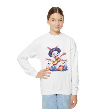 Fiesta de Pascua Bunny Sweatshirt - Mexican Easter Crewneck for Kids, Cute Spring Gift with Guitar Playing Bunny and Colorful Eggs
