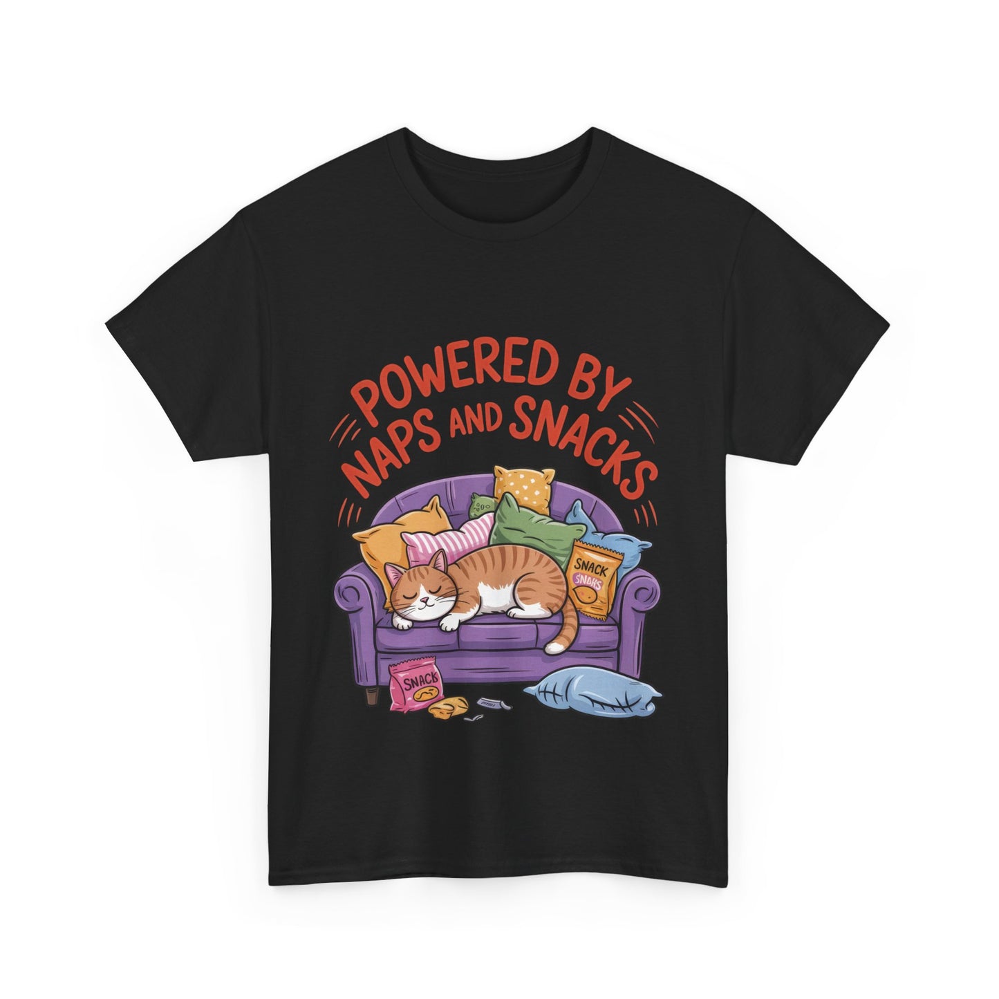 Powered by Naps and Snacks Cat T-Shirt, Funny Lazy Cat Lover Womens Tee, Cute Humor Shirt, Cozy Gift for Her, Cozy Cat Lover T-Shirt