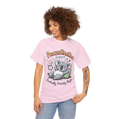 Procrastination Expert Cotton Tee, Funny T-Shirt, Cute Koala Design, Gift for Students, Relaxed Fit Shirt, Gift for Animal Lovers